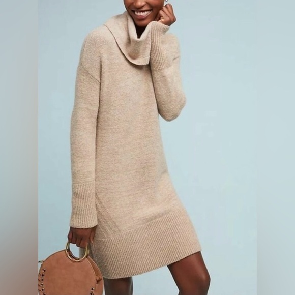 Anthropologie Dresses & Skirts - Anthropologie Tan Oat Sonoran Cowl Neck Wool Cotton Blend Sweater Dress size M